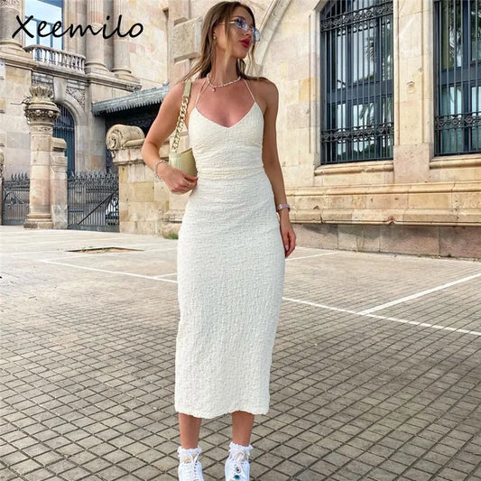 Xeemilo-vestido elegante sin tirantes con cuello Halter para mujer, vestidos sexys de corte bajo con textura y Espalda descubierta, ropa de calle alta ajustada de verano 2022