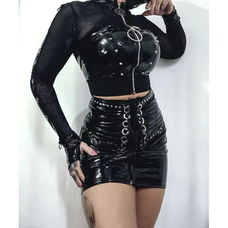 Goth Dark Grunge Punk résille fermeture éclair Cardigans centre commercial gothique Faux Pu à capuche vestes femmes Sexy Streetwear Club Alt Smock hauts