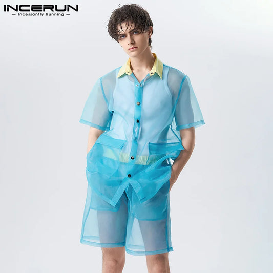 2023 Men Sets Mesh Patchwork Transparent Lapel Short Sleeve Shirt & Shorts 2PCS Streetwear Fashion Sexy Men Suits S-5XL INCERUN