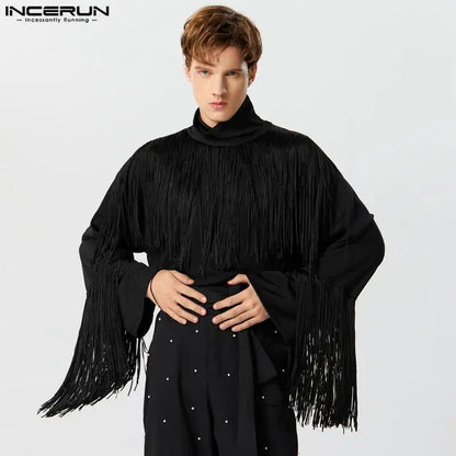 2023 Men T Shirts Tassel Patchwork Turtleneck Long Sleeve Men Clothing Streetwear Loose Fashion Casual Camisetas INCERUN S-5XL