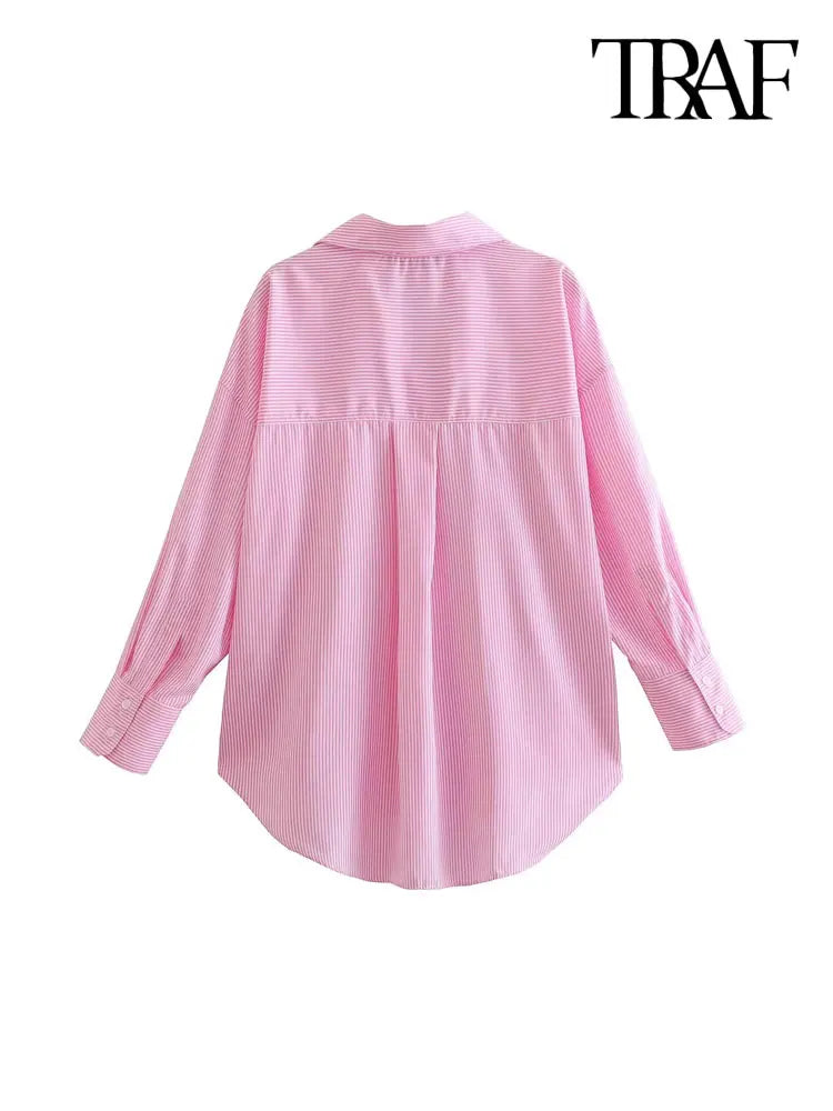 TRAF-Striped Loose Shirts With Pocket for Women, Long Sleeve, Button-up Blouses, Chic Tops, Female Fashion