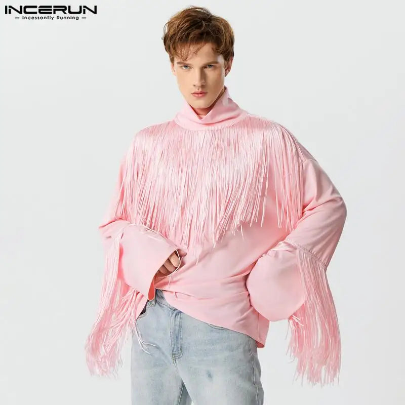 2023 Men T Shirts Tassel Patchwork Turtleneck Long Sleeve Men Clothing Streetwear Loose Fashion Casual Camisetas INCERUN S-5XL