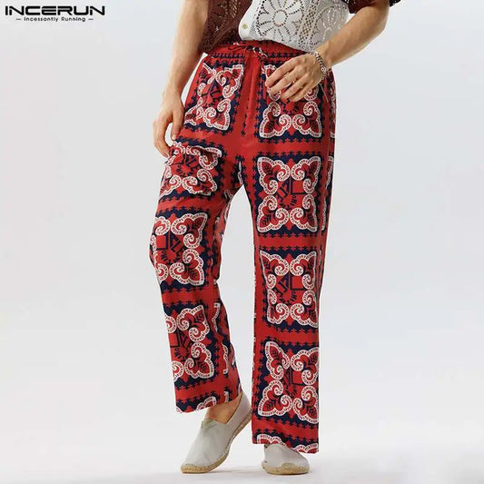 2023 Men Pants Printing Drawstring Loose Vintage Vacation Casual Trousers Men Streetwear Hawaiin Straight Pants S-5XL INCERUN