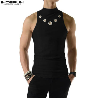 2023 Men Tank Tops Hollow Out Solid Turtleneck Sleeveless Fashion Male Vests Streetwear Summer Casual Men Clothing S-5XL INCERUN