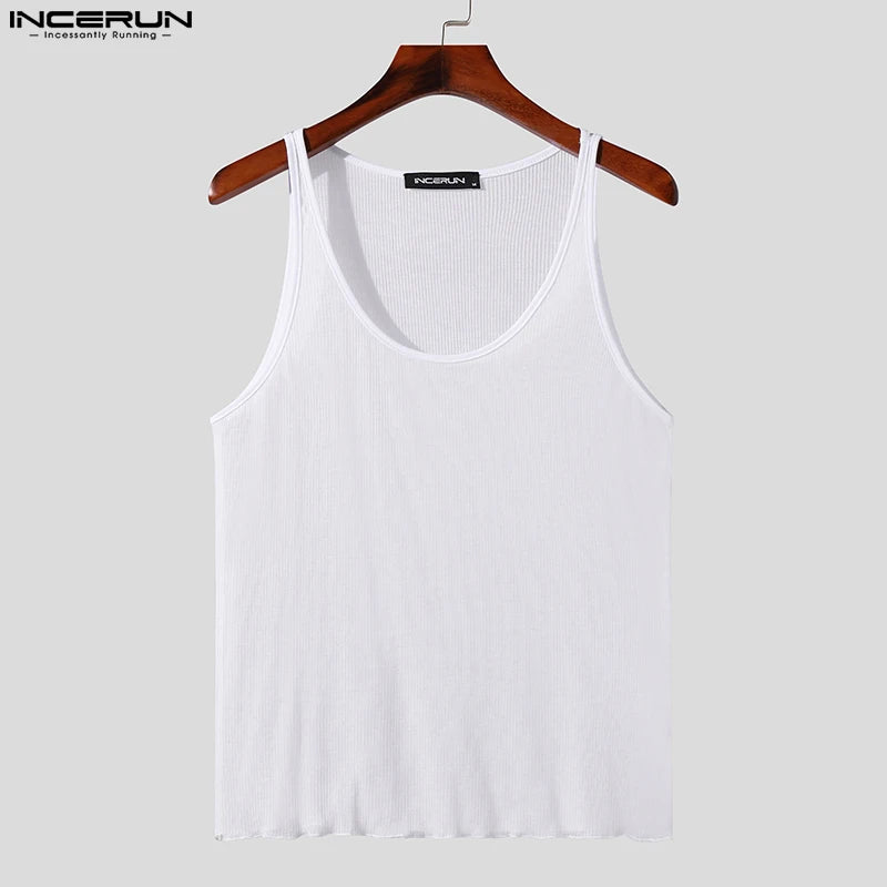 2023 Men Tank Tops Solid O-neck Sleeveless Breathable See Through Sexy Vests Streetwear Fashion Thin Men Clothing INCERUN S-5XL