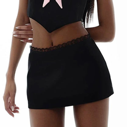 Xeemilo Encaje Vintage falda negra de retales falda elegante de cintura alta faldas ajustadas a la cadera 2023 mujeres Y2K fiesta Clubwear Mini vestido