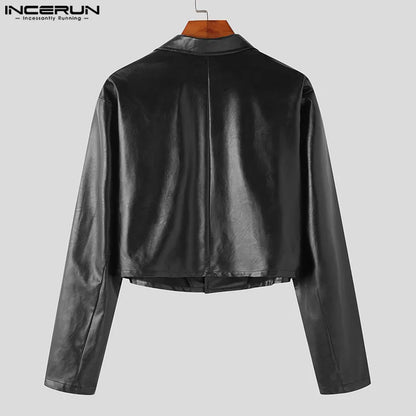 Blazer en cuir PU pour hommes, couleur unie, revers, manches longues, Streetwear, un bouton, manteaux fins, costumes décontractés 5XL, INCERUN 7, 2023