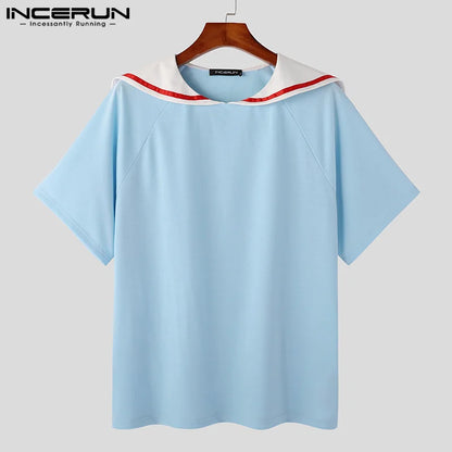 INCERUN-Camiseta holgada de manga corta con cuello marinero para hombre, ropa de calle informal a la moda, Camisetas S-5XL de verano 2023