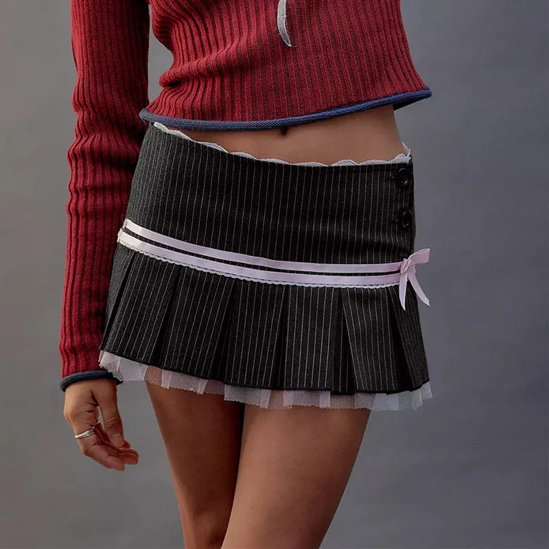 Goth Dark Harajuku Y2k Kwaii Lace Trim Mini Skirts Gothic Cutecore Bow Striped Pleated Skirt Low Waist Color Match Party Bottoms