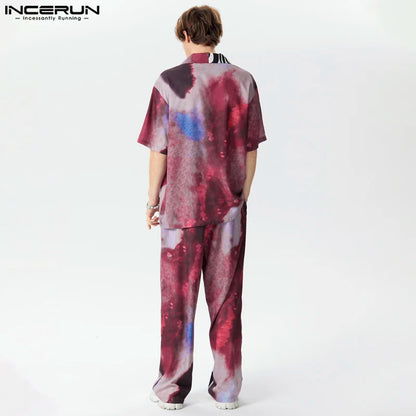 2024 Men Sets Printing Patchwork Loose Lapel Short Sleeve Shirt & Pants Two Pieces Sets Streetwear Fashion Men's Suits INCERUN