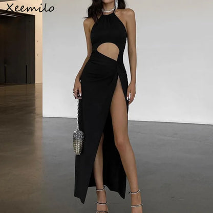 Xeemilo Sexy Prom Party Black Long Dress Elegant Waist Hollow Out High Split Summer Dresses Fashion Backless Lace Up Women Robe