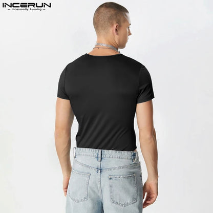 2023 hommes body couleur unie col rond manches courtes Streetwear Fitness t-shirt hommes barboteuses mode décontracté body S-5XL INCERUN