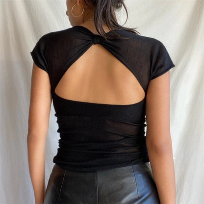 Xeemilo-Camiseta negra con cuello cuadrado y Espalda descubierta, Top estético transparente Y2K, Top corto con apertura, ropa de calle de verano, camisetas de manga corta