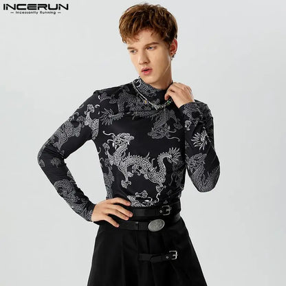 2023 Men T Shirts Vintage Printing Turtleneck Long Sleeve Casual Camisetas Fitness Autumn Streetwear Undershirt S-5XL INCERUN