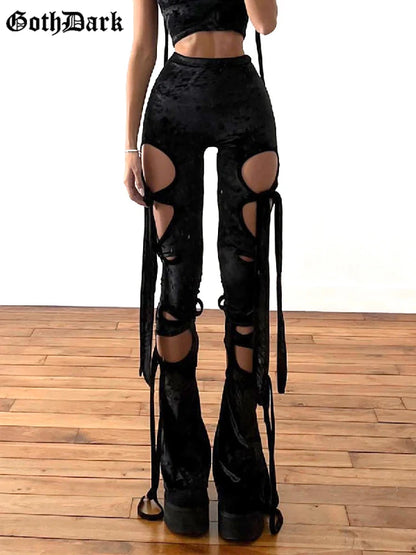 Goth – pantalon crayon gothique en velours foncé, ajouré, centre commercial, Grunge, esthétique, Punk, Sexy, taille haute, Bandage Y2k, bas Alt pour femmes