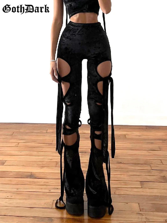 Goth – pantalon crayon gothique en velours foncé, ajouré, centre commercial, Grunge, esthétique, Punk, Sexy, taille haute, Bandage Y2k, bas Alt pour femmes