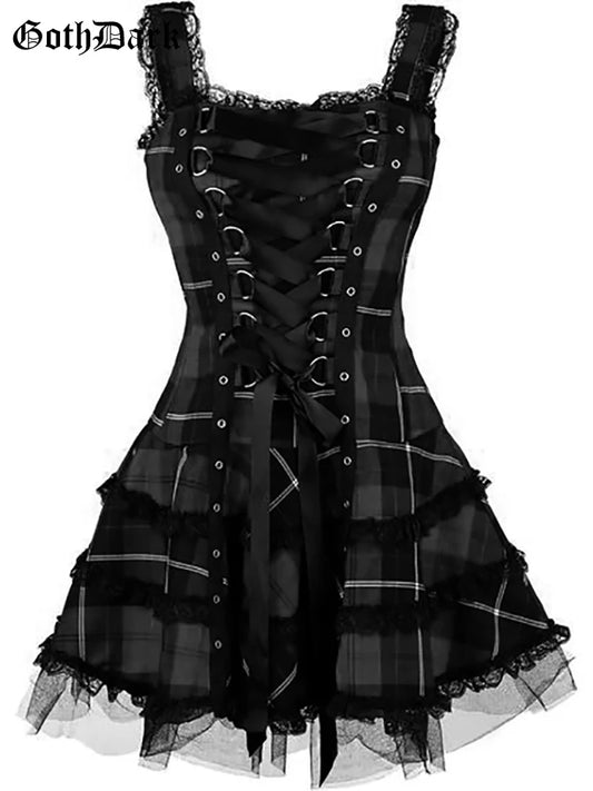 Goth – robe trapèze gothique à carreaux foncés pour femmes, Mini robe trapèze en dentelle esthétique Grunge, Patchwork, Punk, moulante, vêtements de fête Sexy