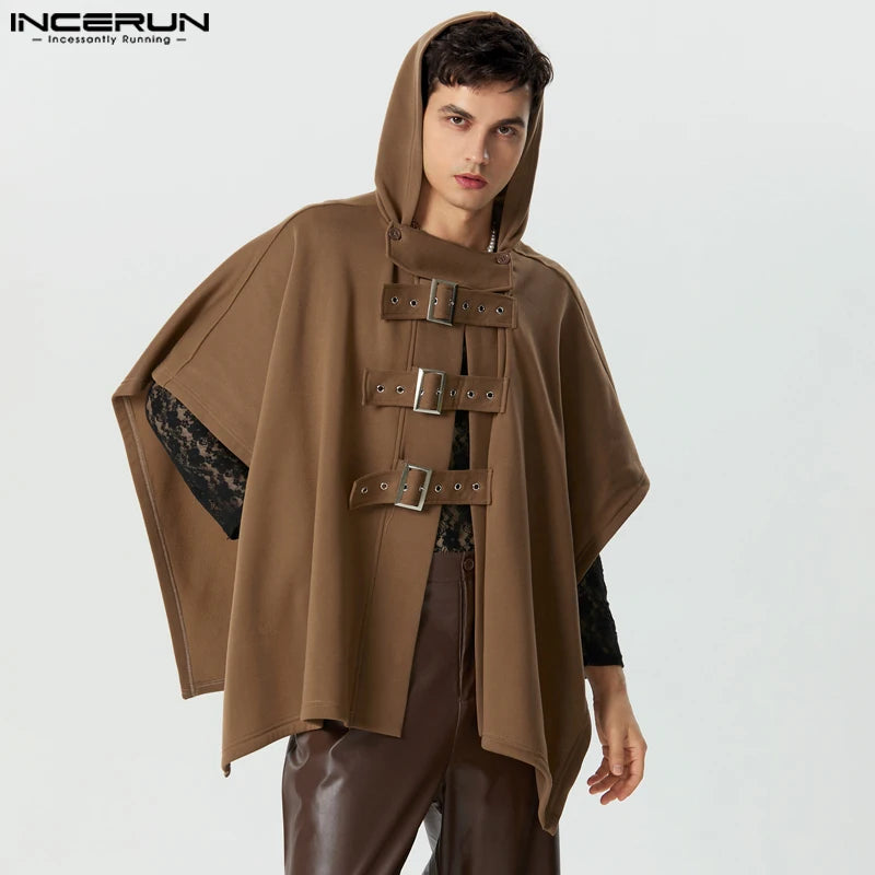 INCERUN 2023, capa para hombre, abrigos de Color sólido con capucha y botones, gabardina Irregular, Ponchos, ropa de calle, moda informal holgada, capa para hombre S-5XL