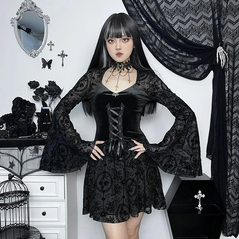 Goth Dark – robe gothique en velours pour femmes, tenue de soirée élégante, Vintage, Style Punk Grunge, à bandes floquées, manches évasées, tenue de soirée Alt