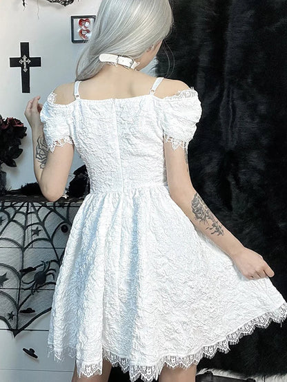 Vestido gótico oscuro de malla gótica transparente para mujer, vestidos sexys de corte a, ropa de fiesta con Bajo de encaje Jacquard Grunge Harajuku, vestido bonito de Lolita para mujer