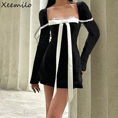 Xeemilo-Vestido corto de manga larga con lazo elegante, minivestido ceñido con puntada de encaje y cuello cuadrado Retro, para fiesta de noche, 2023