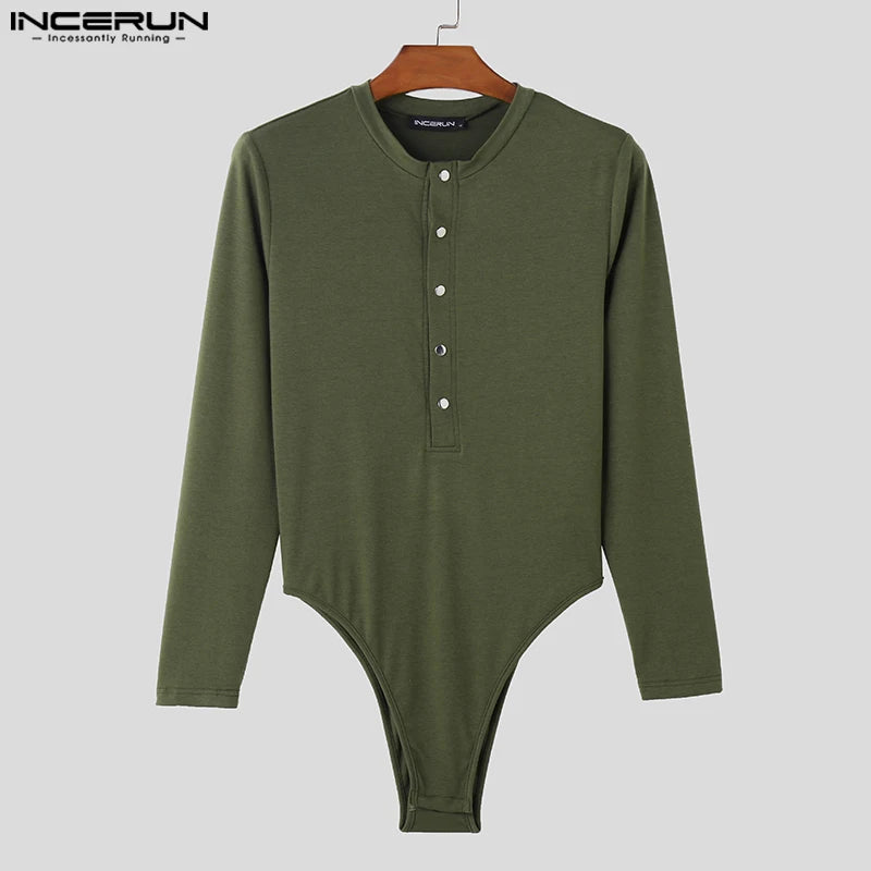 INCERUN – body pour hommes, couleur unie, col rond, manches longues, boutons, Fitness, barboteuse, Streetwear, mode décontractée, 2023, S-5XL