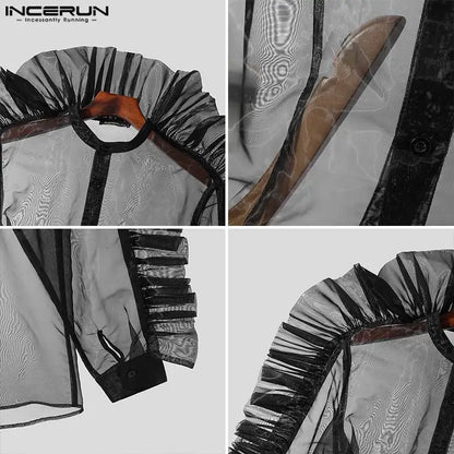 INCERUN – chemise en maille Patchwork plissée pour hommes, col montant, manches longues, Streetwear, Sexy, transparente, chemises de fête, à la mode, 2023