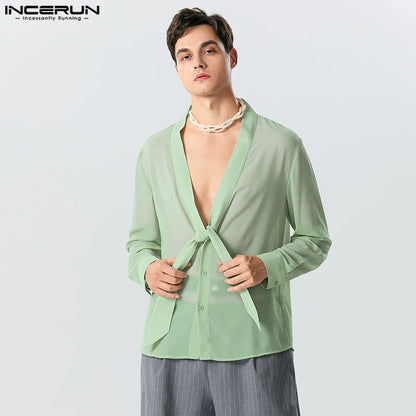 2023 camisa de moda para hombres Color sólido cuello en V manga larga con cordones Camisas ropa de calle transparente Casual ropa para hombres INCERUN S-5XL