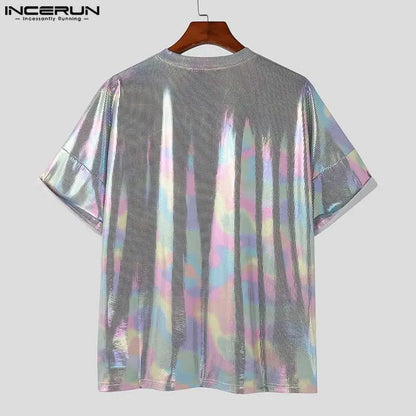 2023 Men T Shirt Shiny O-neck Short Sleeve Streetwear Loose Fashion Camisetas Summer Pockets Party Casual Tee Tops S-5XL INCERUN