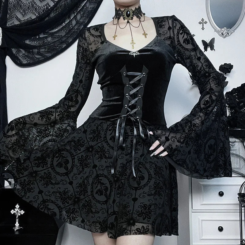 Goth Dark – robe gothique en velours pour femmes, tenue de soirée élégante, Vintage, Style Punk Grunge, à bandes floquées, manches évasées, tenue de soirée Alt