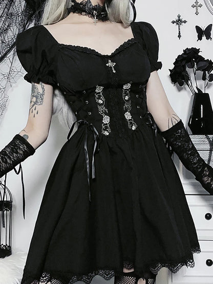 Goth Dark Lolita Mall gothique a-ligne kawaii Mini robes Style Grunge noir pansement Corset robe femmes Emo broderie Alt vêtements