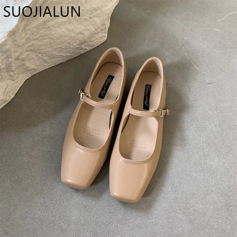 SUOJIALUN 2023, novedad de verano, zapatos planos para mujer a la moda con punta cuadrada, zapatos Mary Jane poco profundos, zapatos de Ballet informales suaves, zapatos con talón descubierto