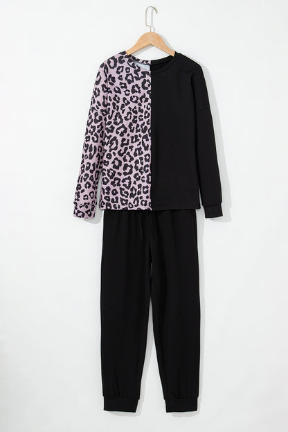 Black Contrast Leopard Long Sleeve Pullover and Joggers Outfit