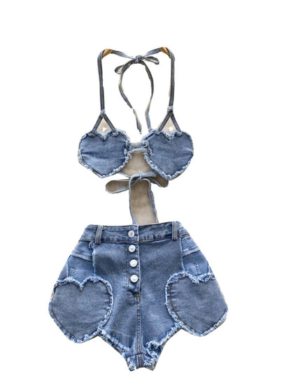 Denim Love Halter Suit For Women