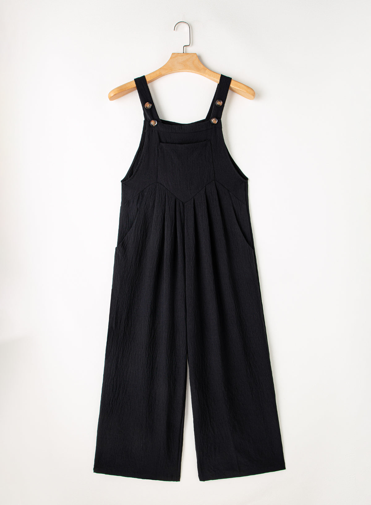 Black Buttoned Straps Crinkled Wide Leg Pocketed Overalls