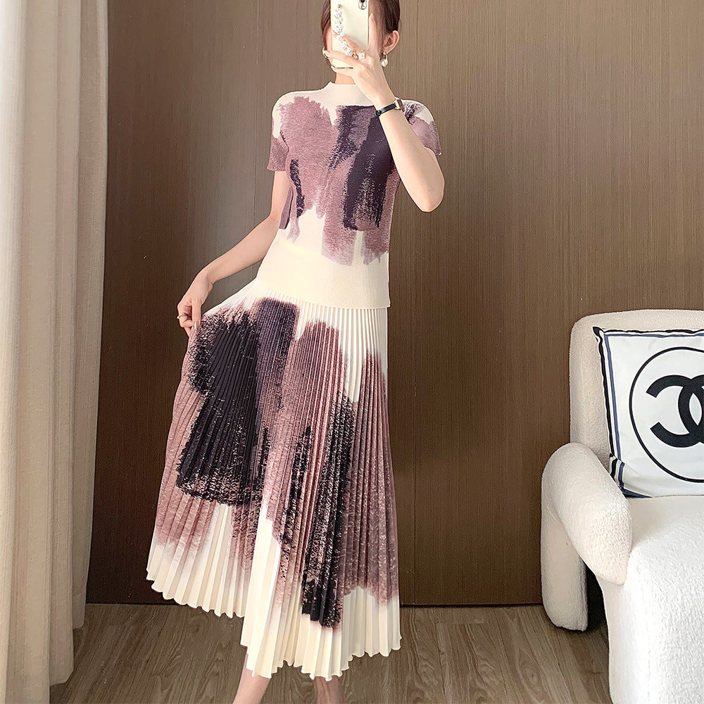 Women's Fashionable Pleated T-shirt Skirt Suit