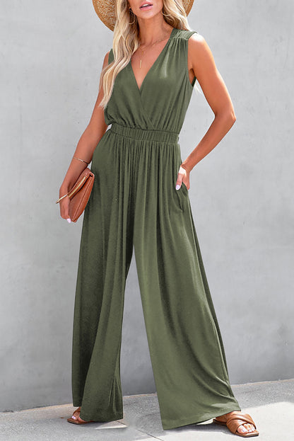 Black Deep V Pleated Crisscross Wide Leg Backless Jumpsuit