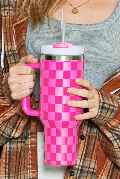 Vaso de acero inoxidable con asa y estampado de cuadros de color rosa brillante, 40 oz