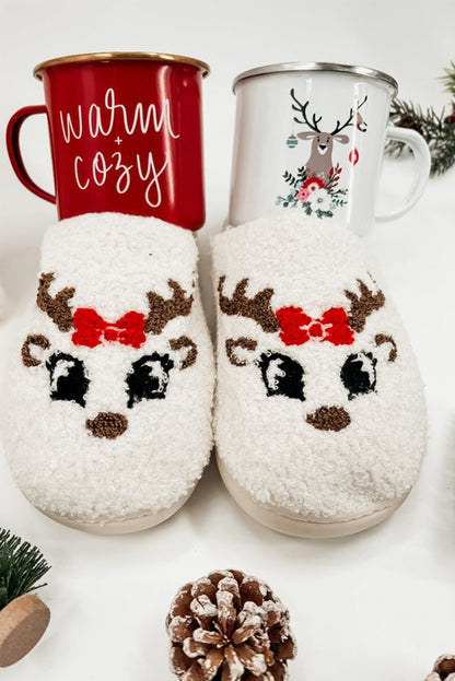 Pantuflas de felpa con patrón de dibujos animados de Navidad blanca