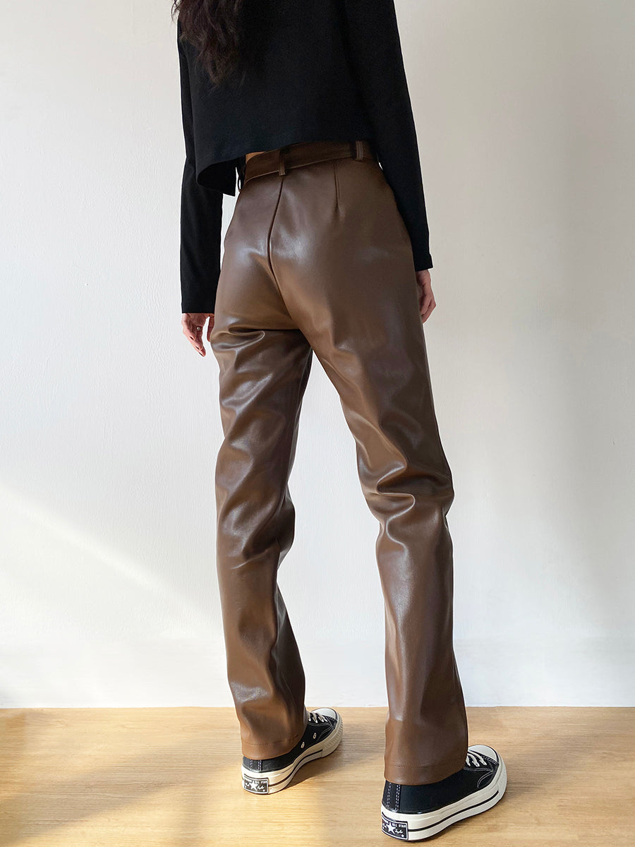 Pantalon en cuir PU marron taille haute, Slim Fit, hanches amincissantes, pantalon en cuir à jambe droite en cachemire