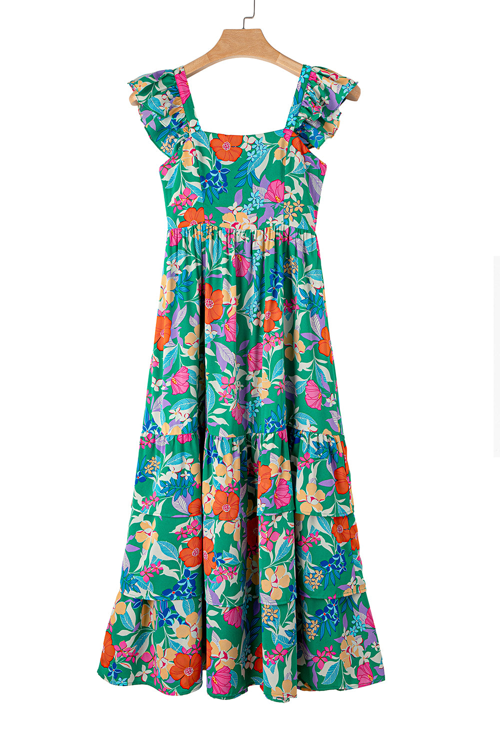 Robe longue à volants et à volants sans manches à imprimé floral vert