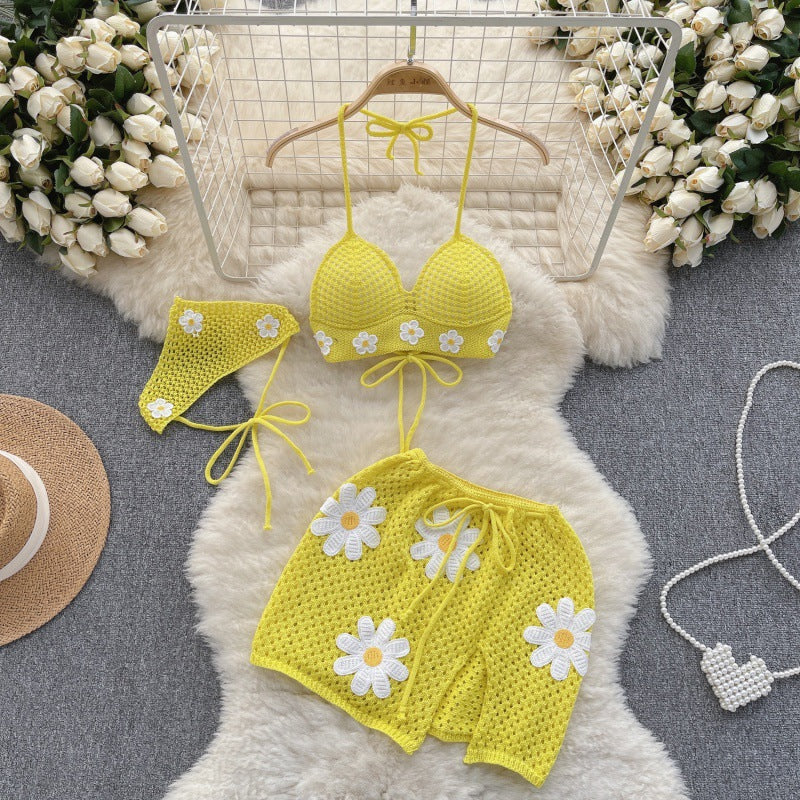 Women's Seaside Vacation Style Knitted Banded Bikini Suit