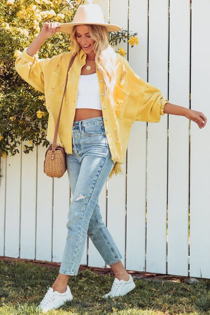 Black Distressed Fringe Trim Denim Jacket