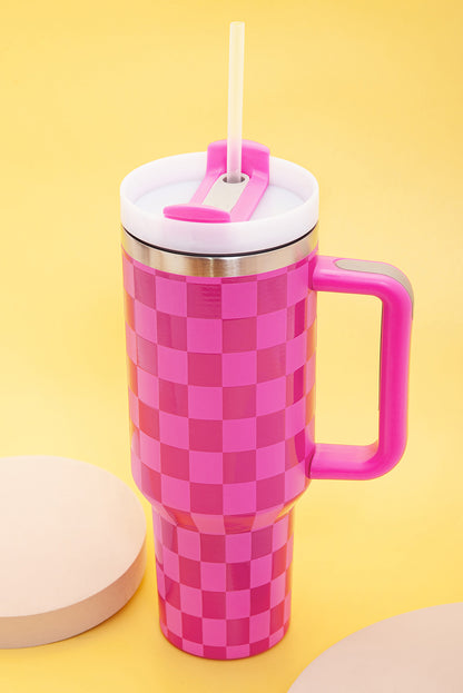 Vaso de acero inoxidable con asa y estampado de cuadros de color rosa brillante, 40 oz