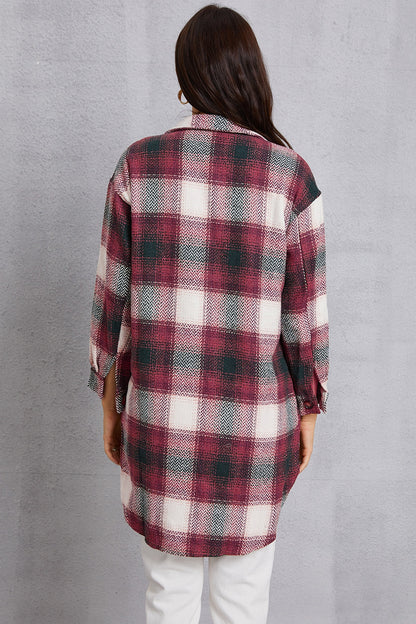 Plaid Button Up Dropped Shoulder Coat with Pockets