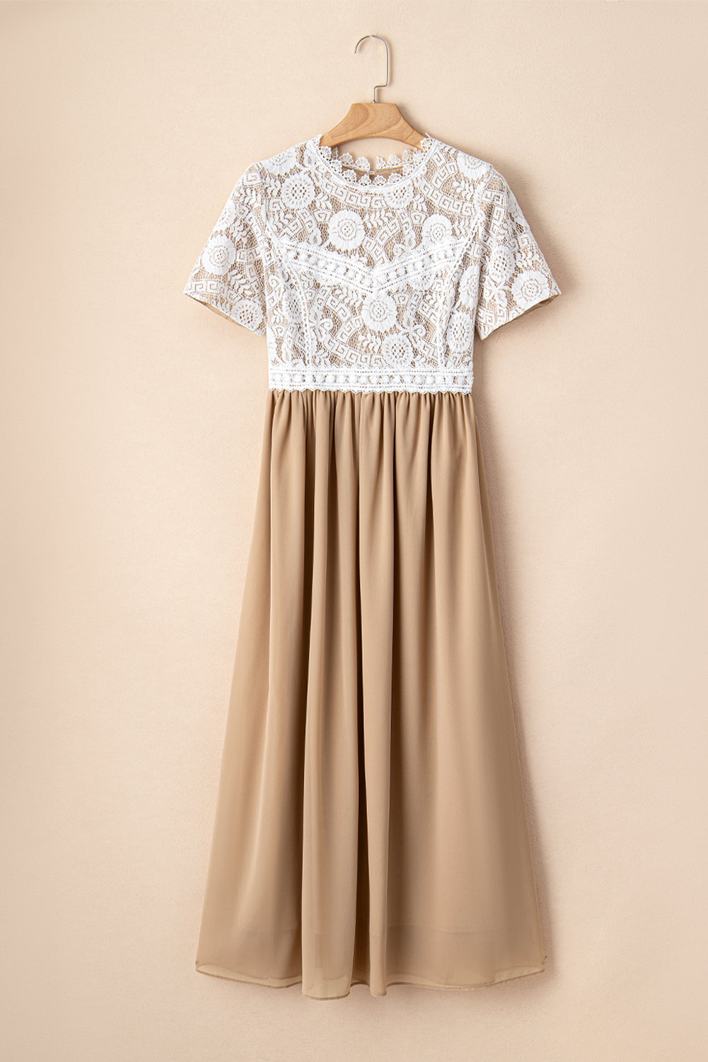 Clay Lace Short Sleeve Bodice Flowy Chiffon Long Dress