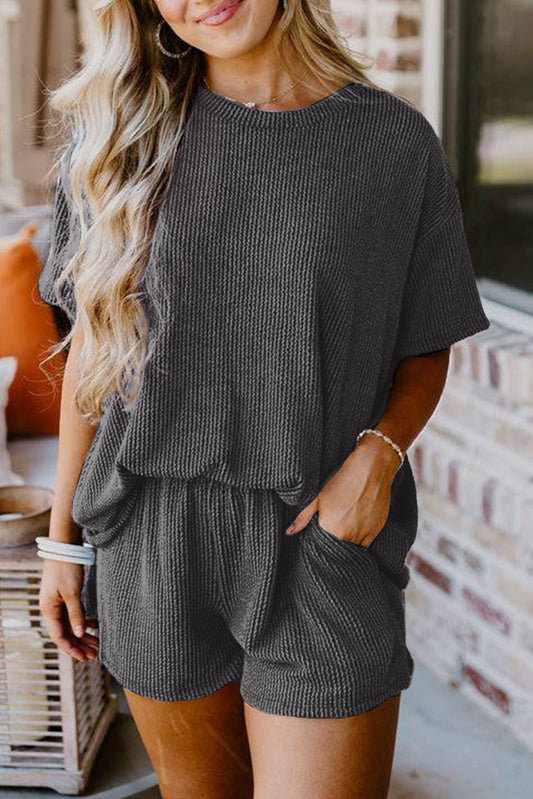 Ensemble t-shirt et short coupe ample en tricot texturé côtelé gris carbone