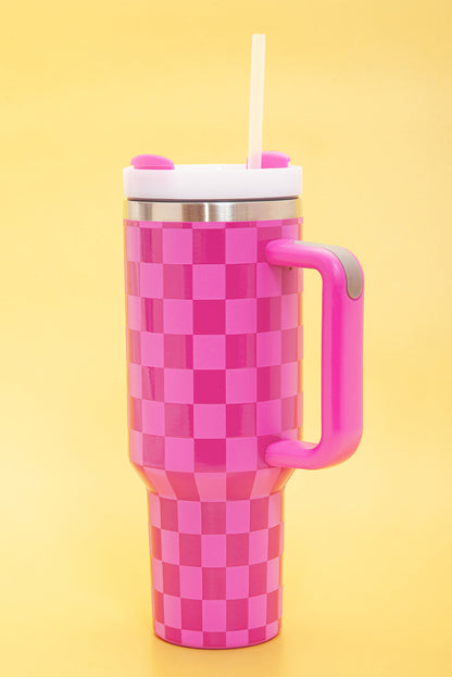 Vaso de acero inoxidable con asa y estampado de cuadros de color rosa brillante, 40 oz