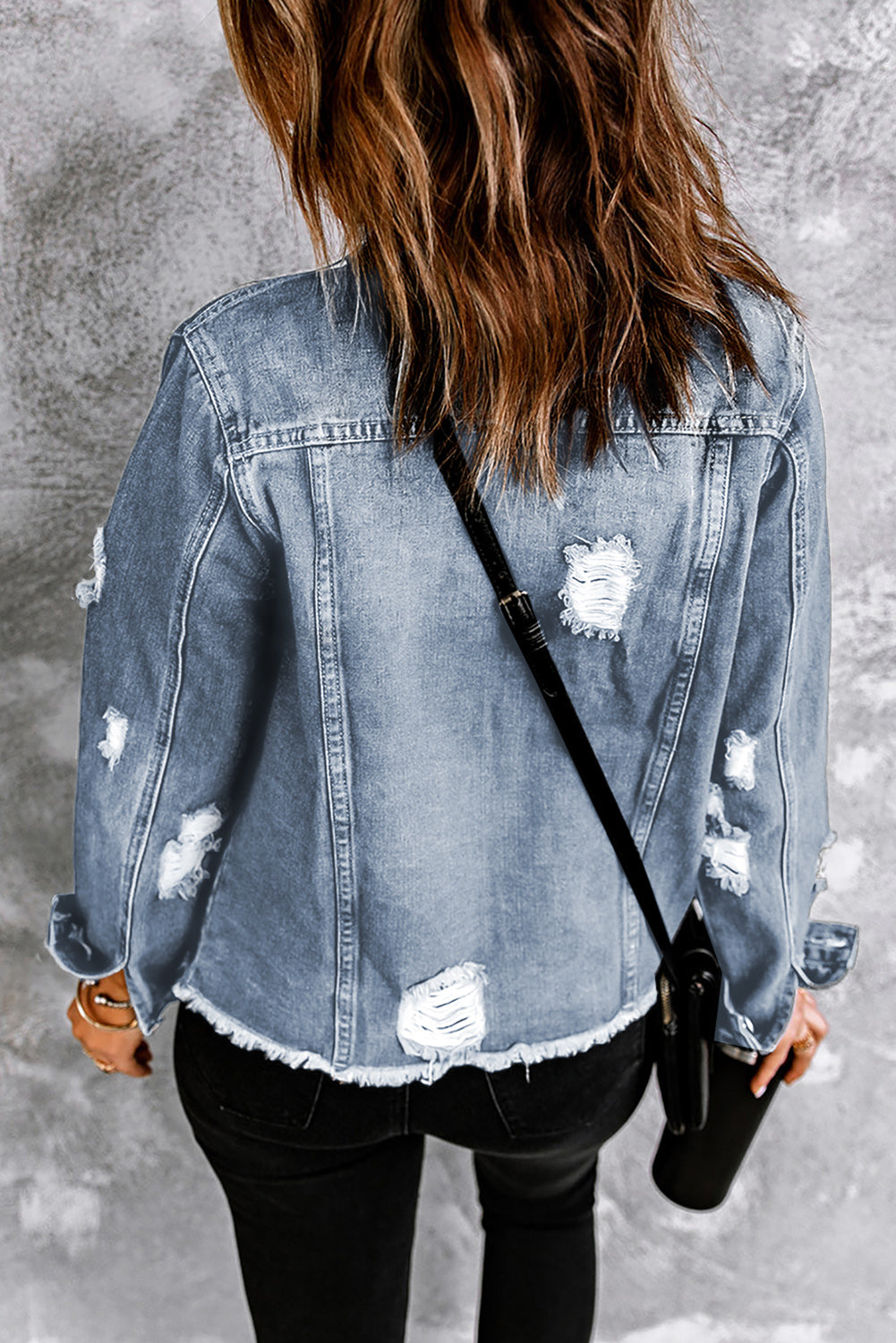 Blue Lapel Distressed Raw Hem Buttons Denim Jacket