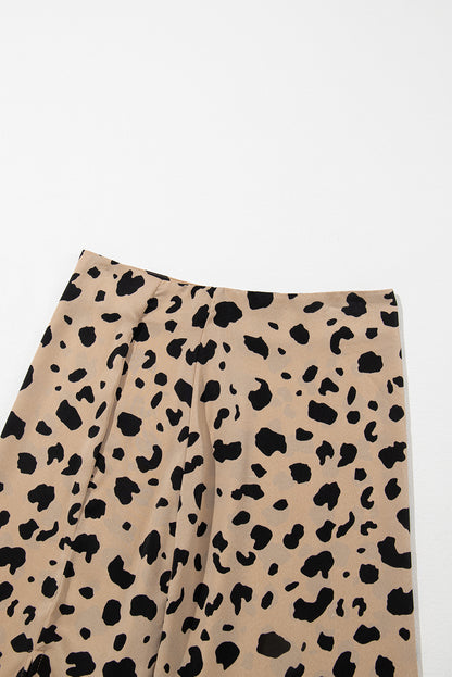 Beige Leopard Spots Printed Split Hem Midi Skirt